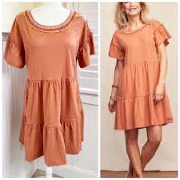 Matilda Jane Dresses & Skirts - Matilda Jane Heathered Orange Short Sleeve Heart to Heart Homeroom Tiered Dress